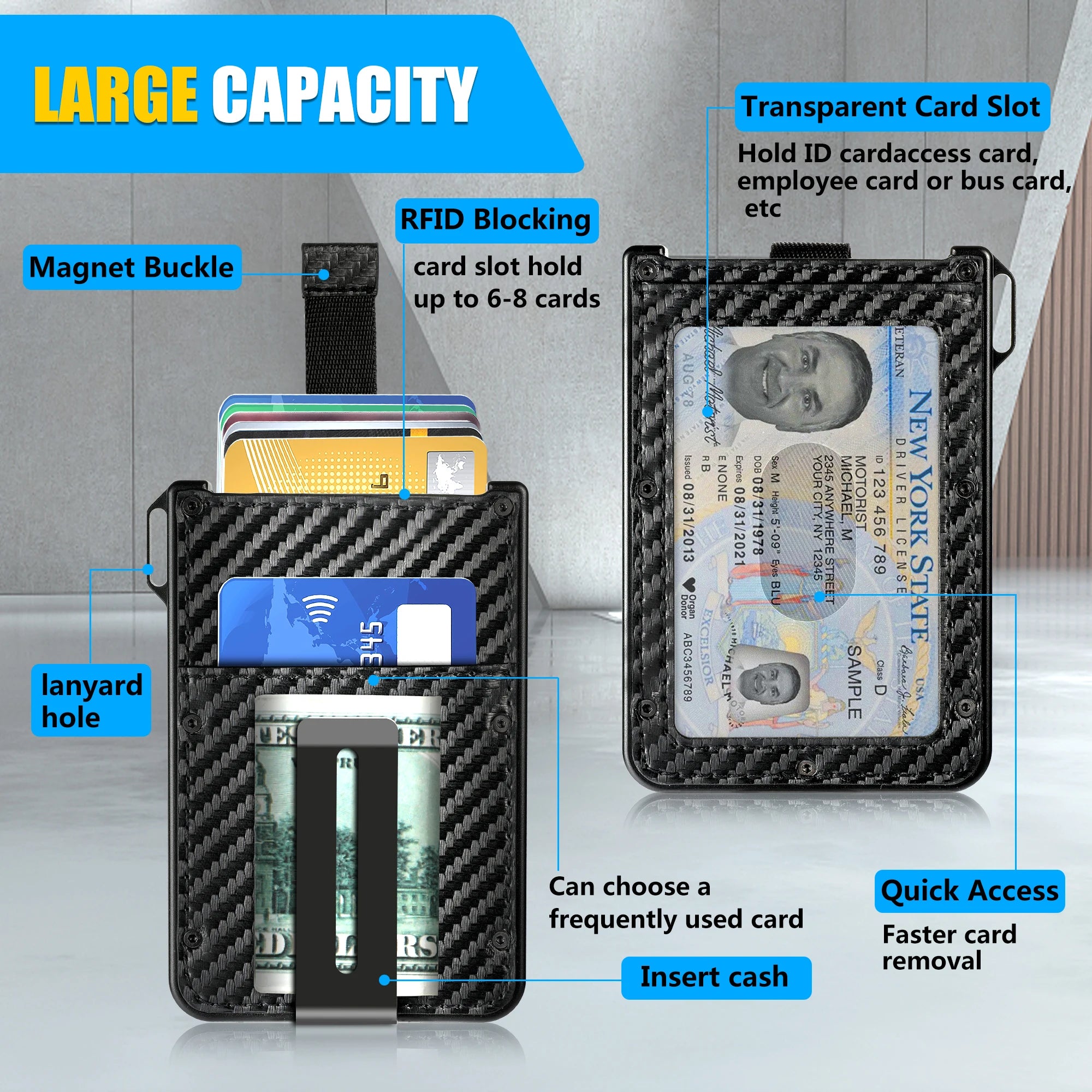 Wallet for Men - Aluminum Slim Carbon Fiber Leather Wallet，Holds up 10 Cards Card Holder with Clear ID Card Holder, Cash Clip
