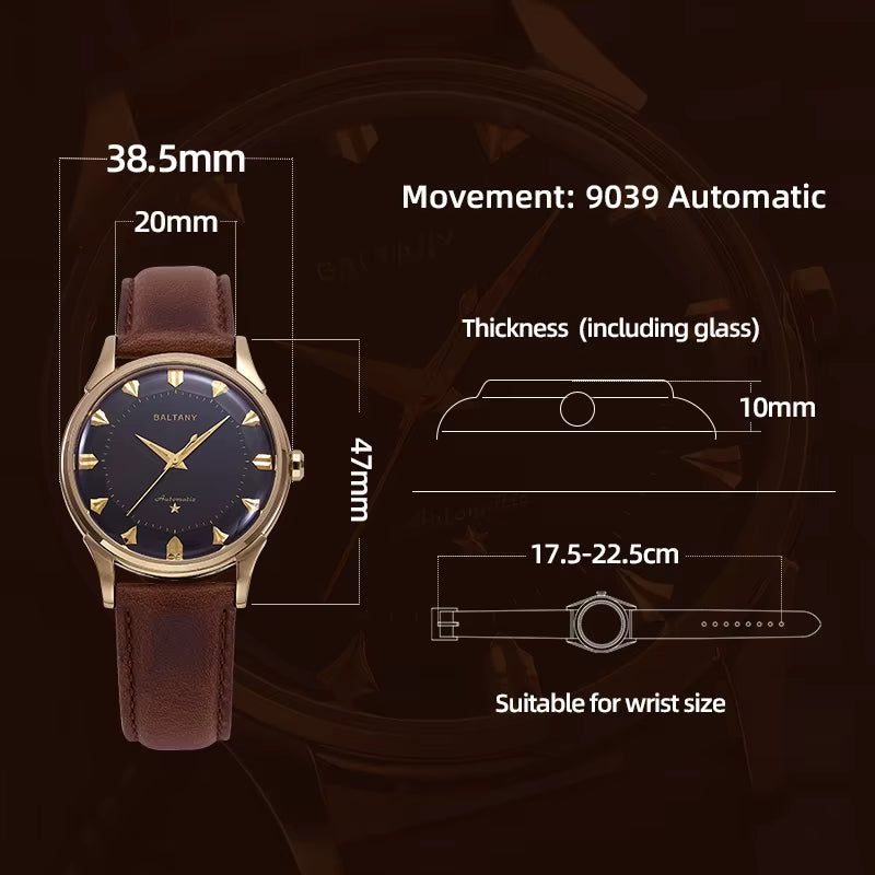 Baltany S4090 Classic Pie-Pan 38.5Mm Dial Watch 9039 Automation Strap Waterproof Dog-Leg Lugs Business Mechanical Watches for Me