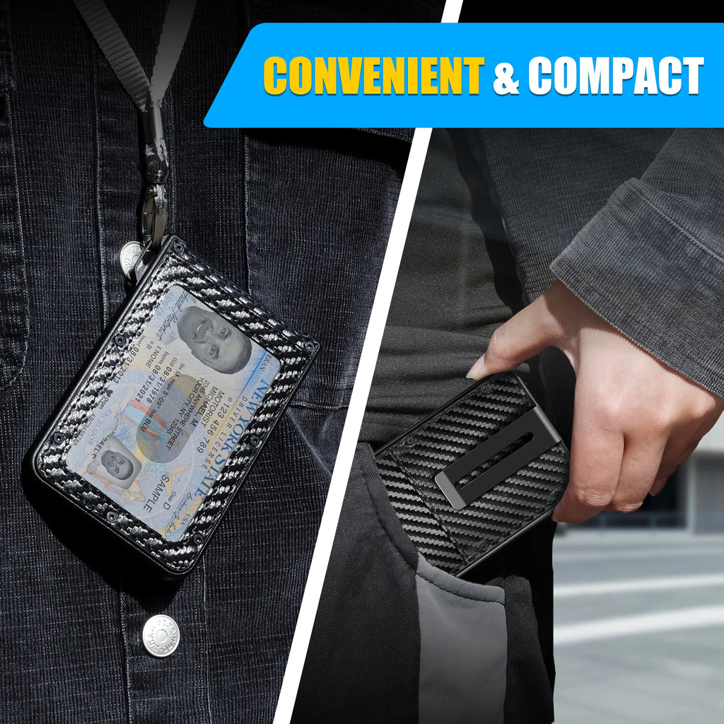 Wallet for Men - Aluminum Slim Carbon Fiber Leather Wallet，Holds up 10 Cards Card Holder with Clear ID Card Holder, Cash Clip
