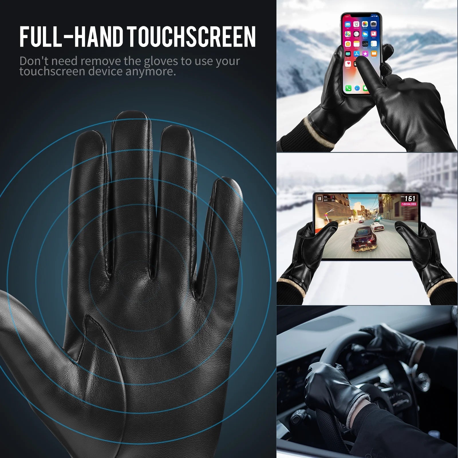 OZERO Mens Winter Gloves PU Leather Thermal Warm Snow Touchscreen Glove Black