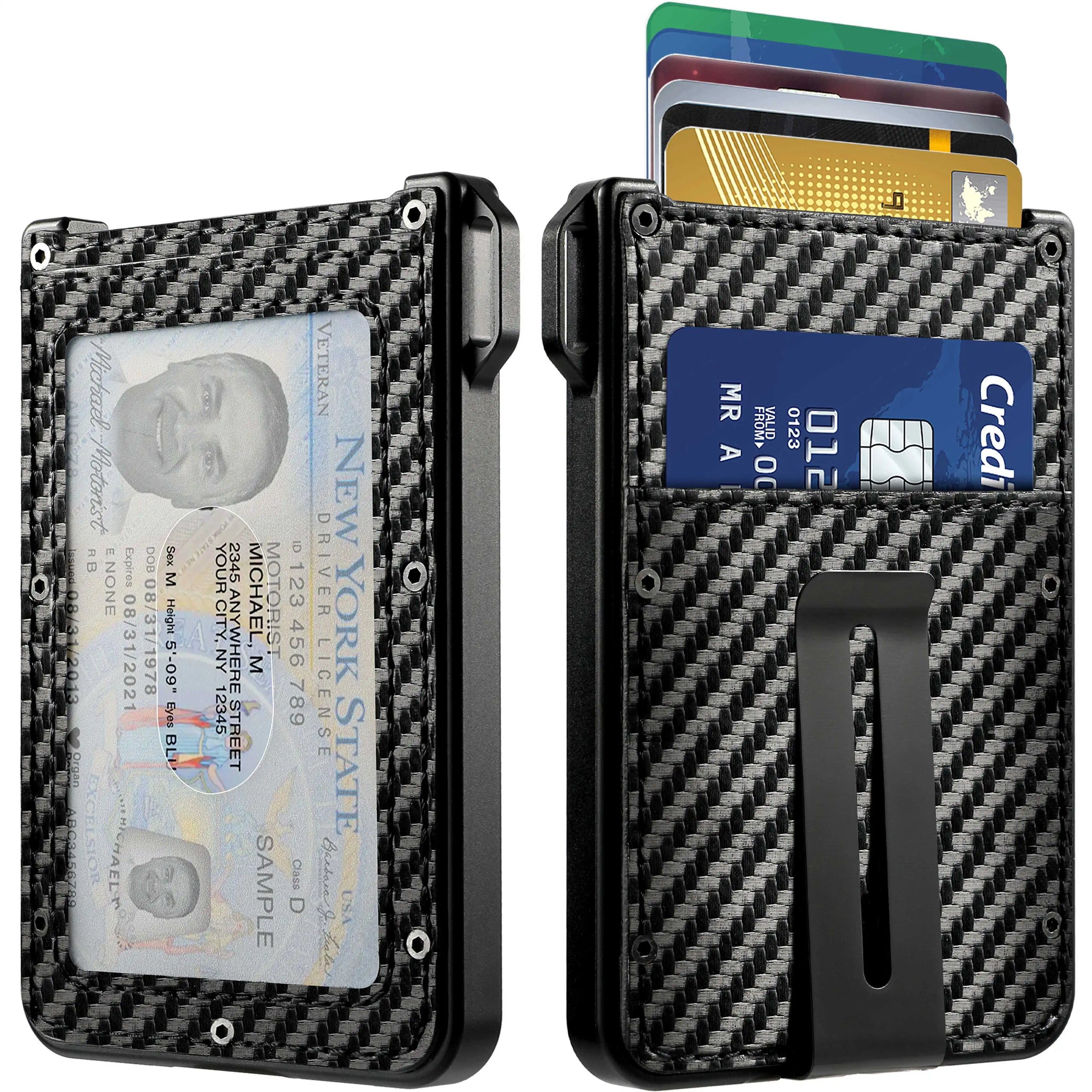 Wallet for Men - Aluminum Slim Carbon Fiber Leather Wallet，Holds up 10 Cards Card Holder with Clear ID Card Holder, Cash Clip