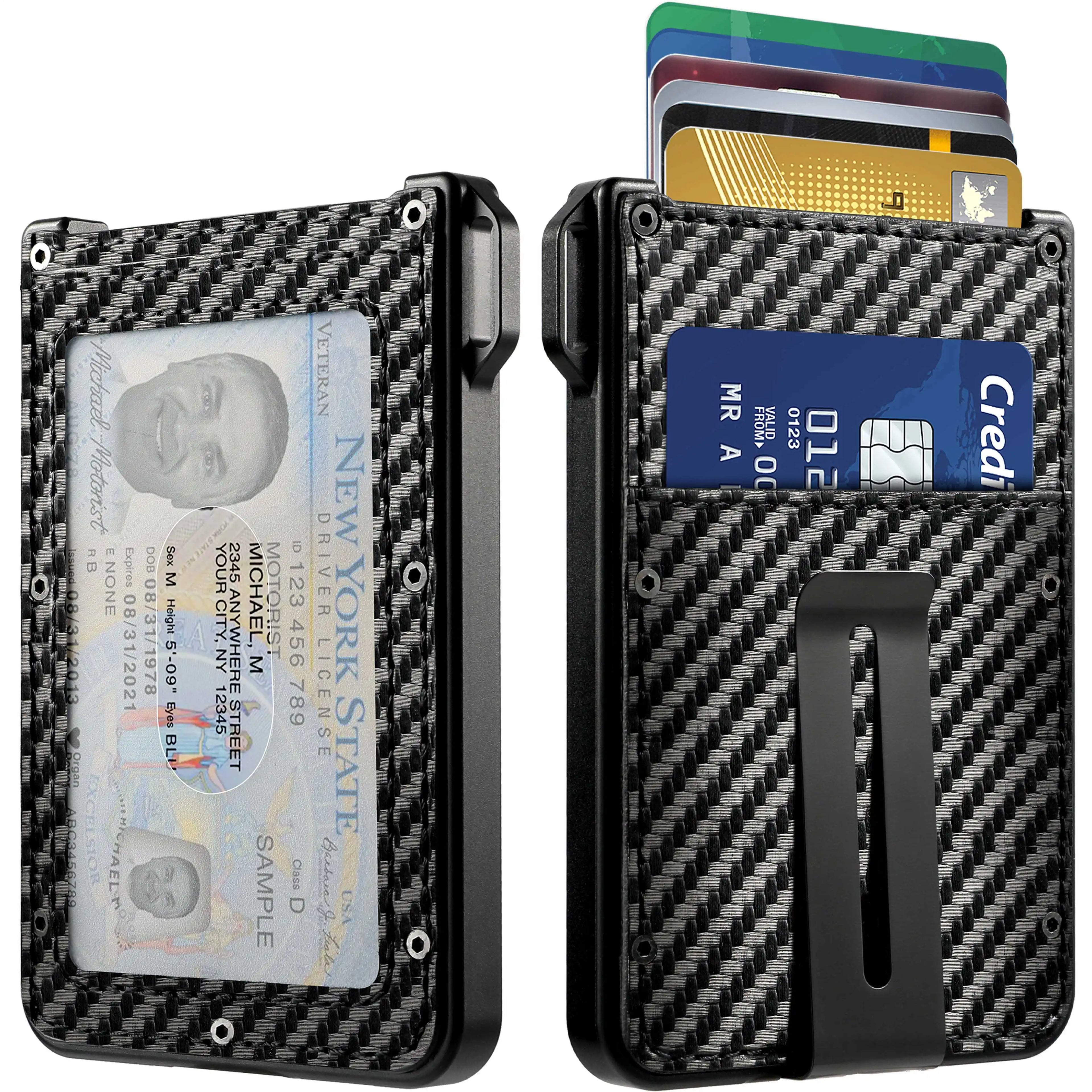 Wallet for Men - Aluminum Slim Carbon Fiber Leather Wallet，Holds up 10 Cards Card Holder with Clear ID Card Holder, Cash Clip