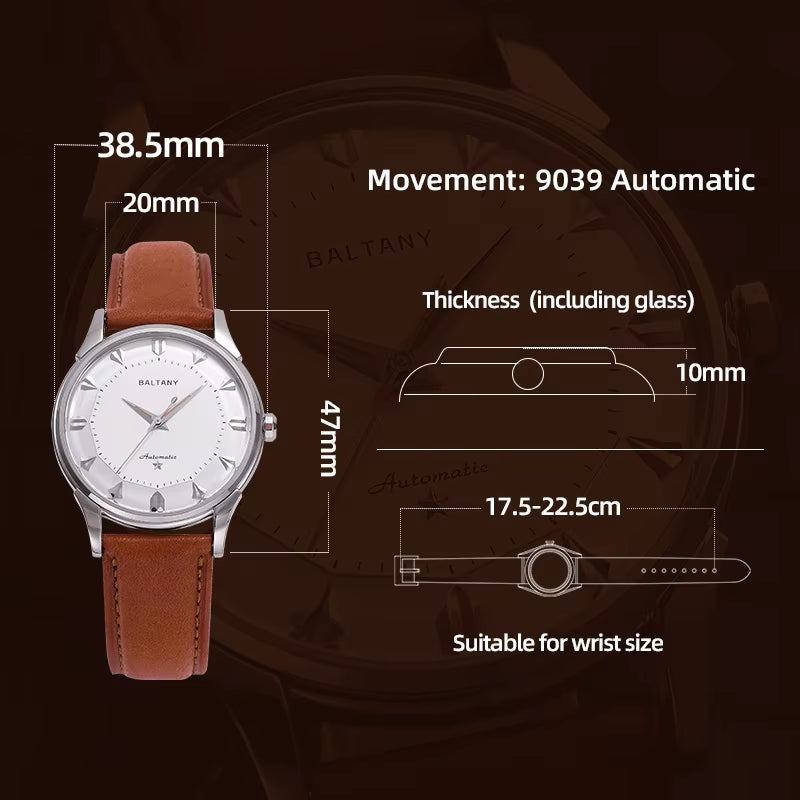 Baltany S4090 Classic Pie-Pan 38.5Mm Dial Watch 9039 Automation Strap Waterproof Dog-Leg Lugs Business Mechanical Watches for Me