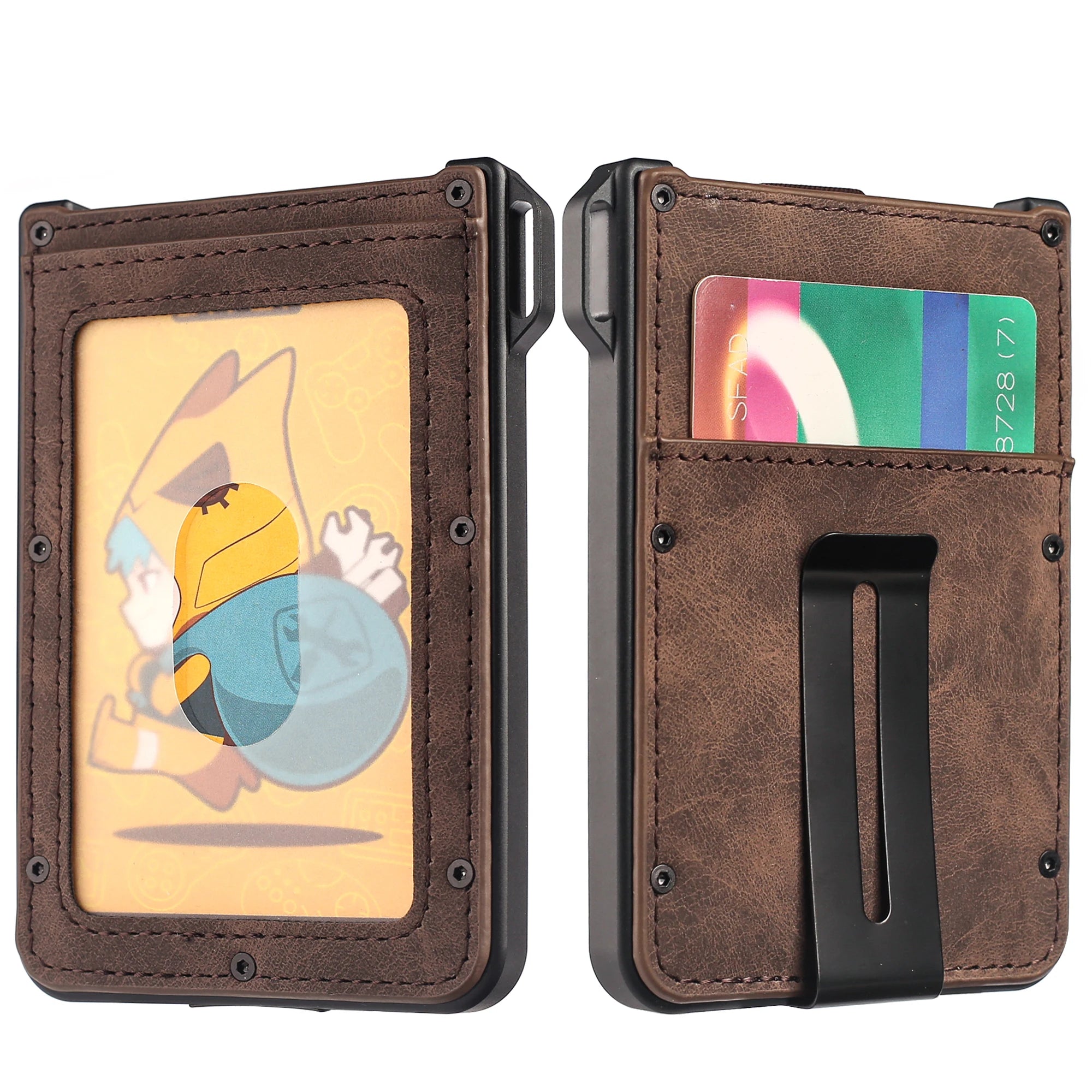 Wallet for Men - Aluminum Slim Carbon Fiber Leather Wallet，Holds up 10 Cards Card Holder with Clear ID Card Holder, Cash Clip