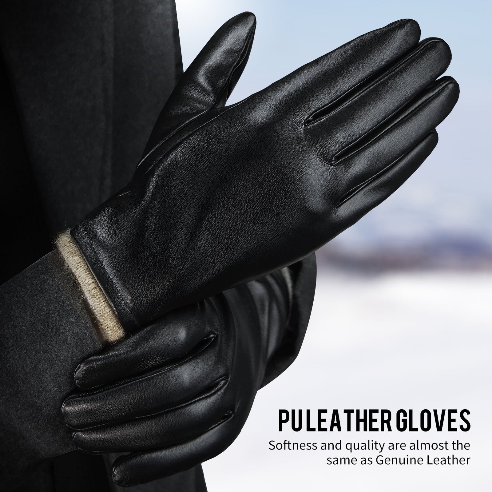 OZERO Mens Winter Gloves PU Leather Thermal Warm Snow Touchscreen Glove Black