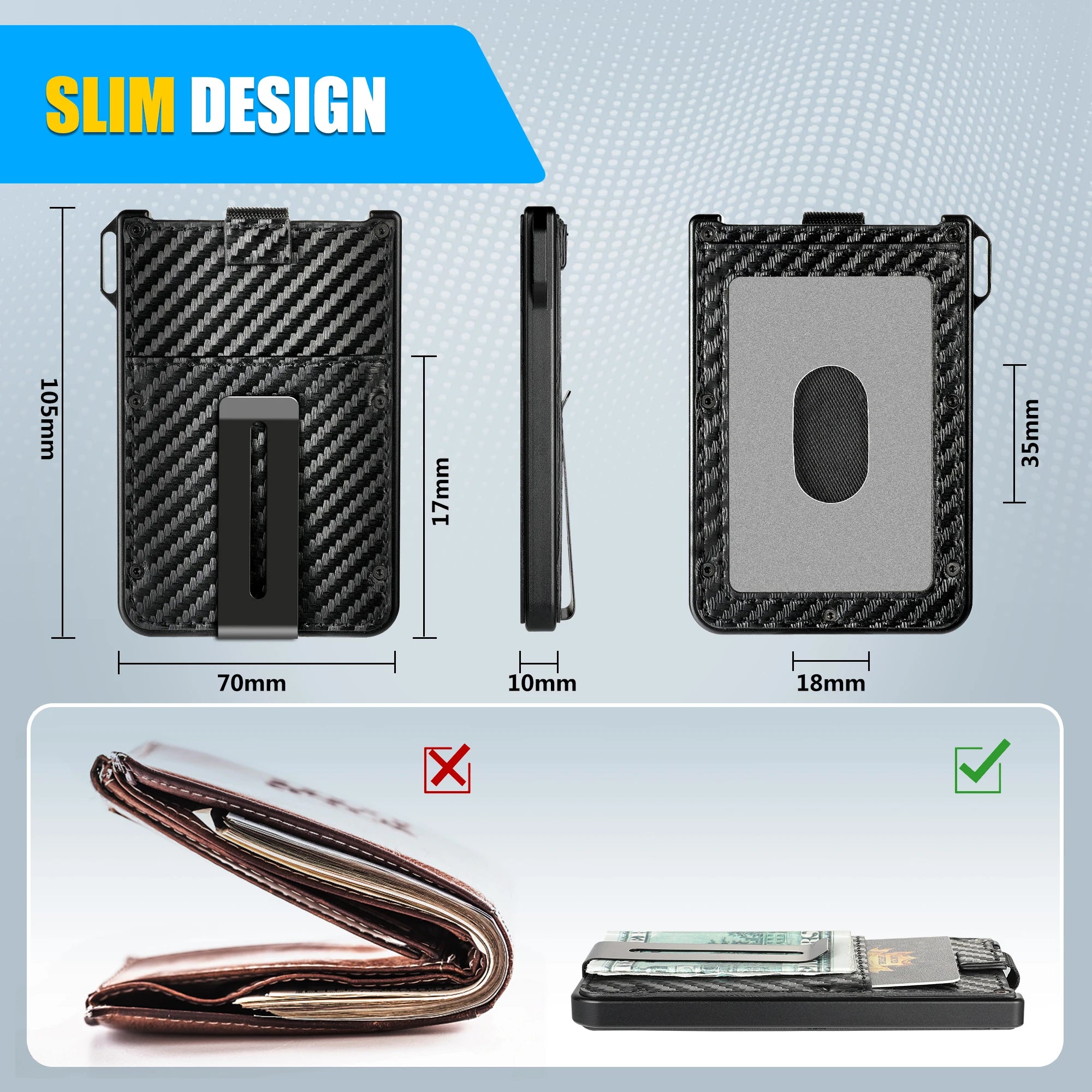 Wallet for Men - Aluminum Slim Carbon Fiber Leather Wallet，Holds up 10 Cards Card Holder with Clear ID Card Holder, Cash Clip