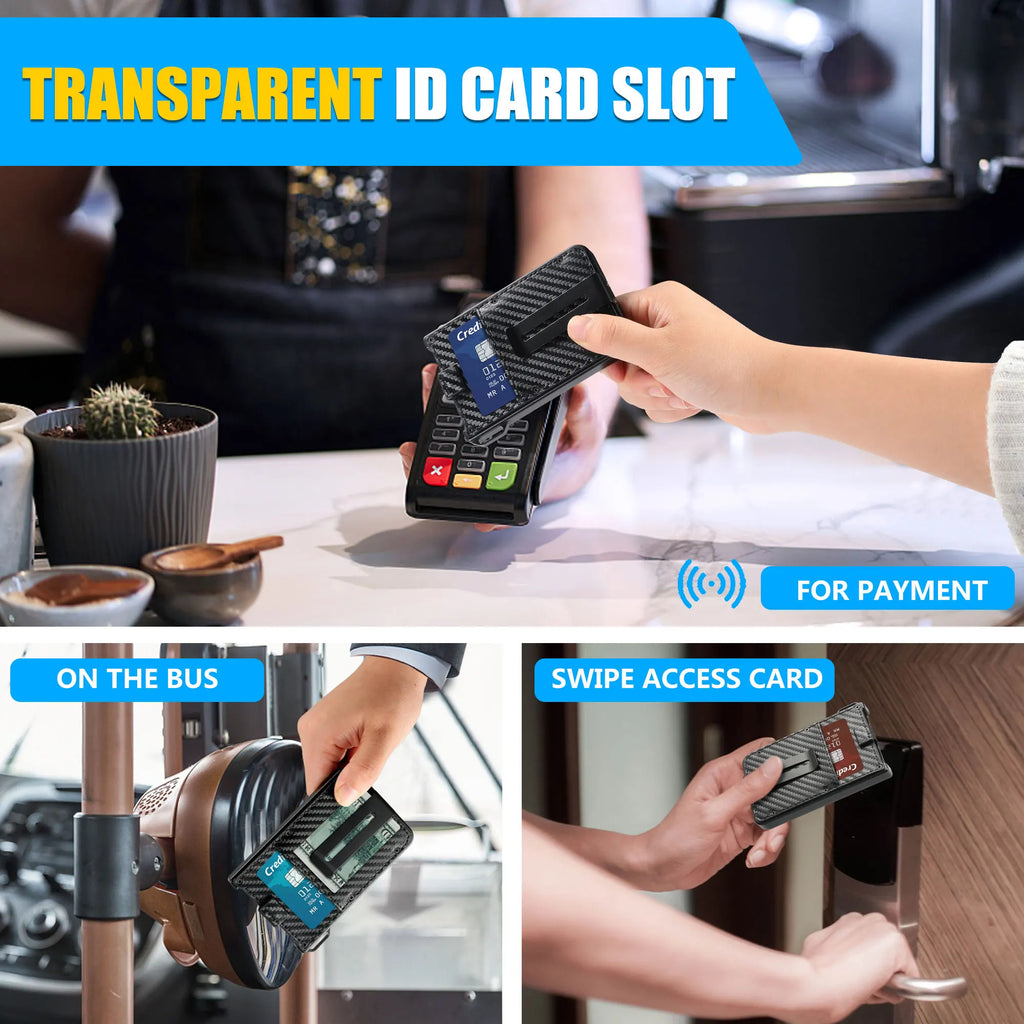 Wallet for Men - Aluminum Slim Carbon Fiber Leather Wallet，Holds up 10 Cards Card Holder with Clear ID Card Holder, Cash Clip